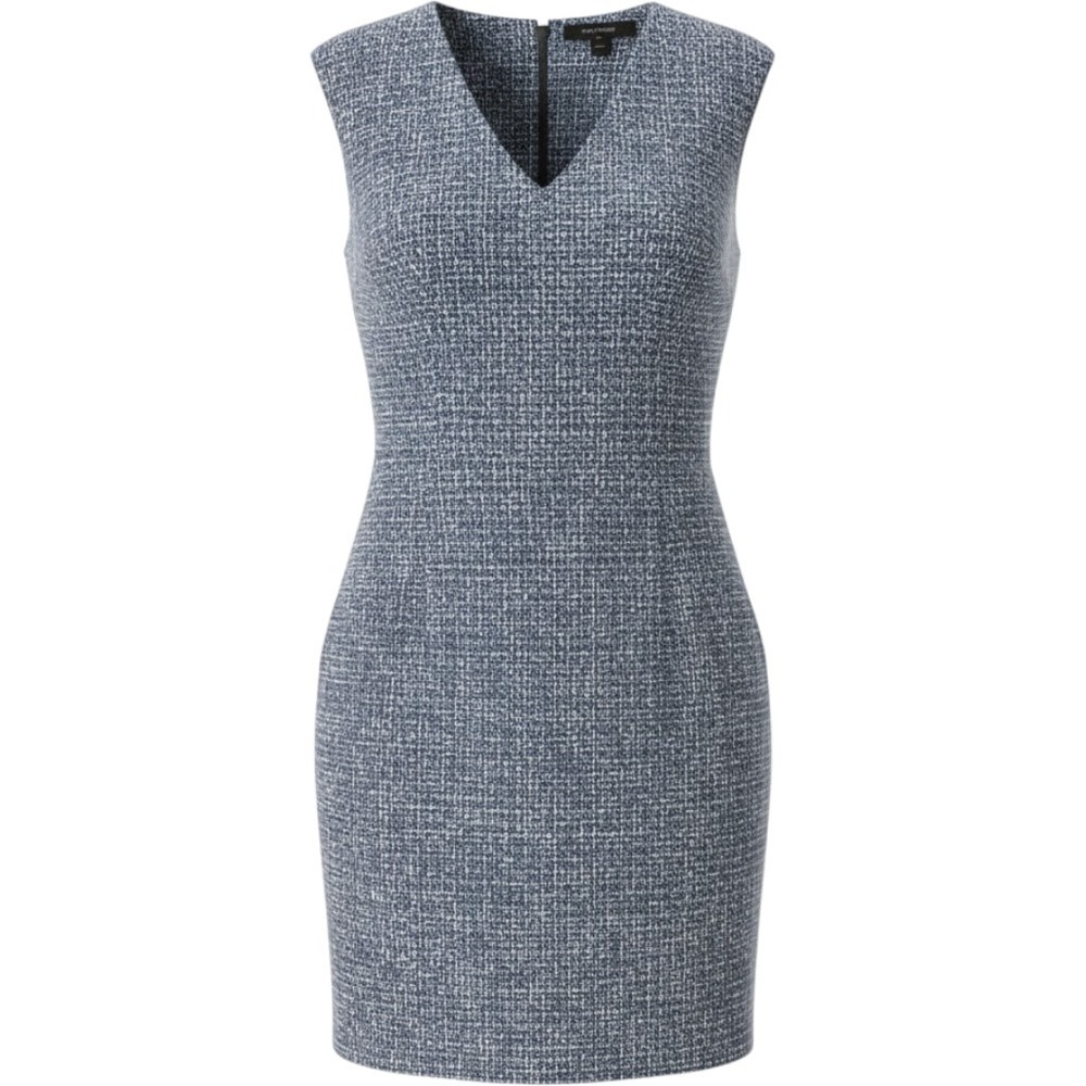 St John Women Blue White Textured Tweed V-Neck Sleeveless Sheath Dress Size 16